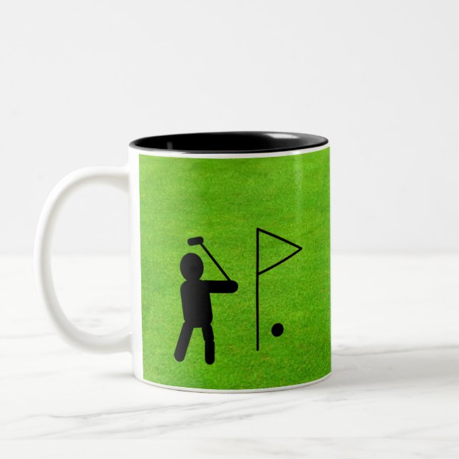 Personalized Golfer at Hole Silhouette on Greens  Two-Tone Coffee Mug (Left)