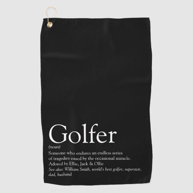 Personalized Golfer Definition Black and White Golf Towel (Front)