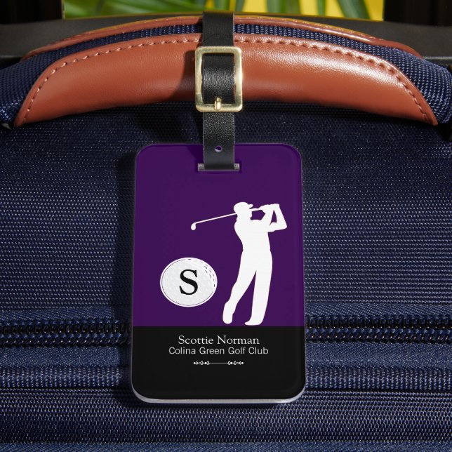 Personalized Golfer Monogram Purple Luggage Tag (Front Insitu 2)