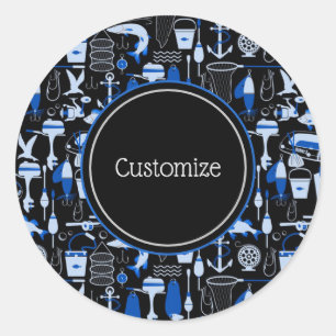 Personalized Gone Fishing Blue Pattern Classic Round Sticker