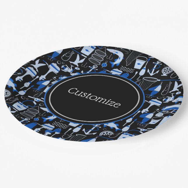 Personalized Gone Fishing Blue Pattern Paper Plate (Angled)