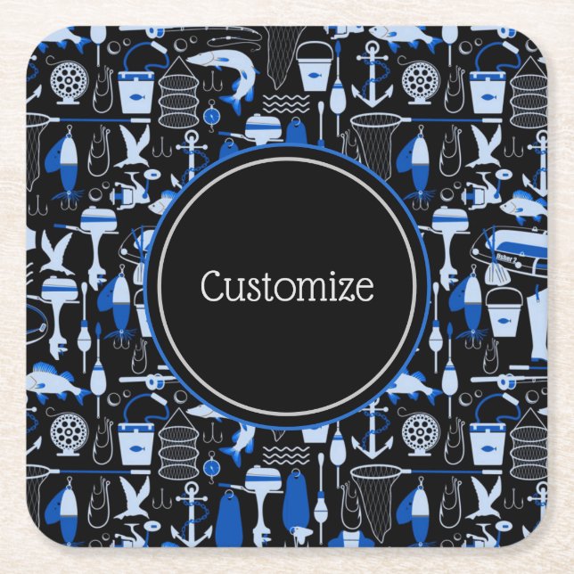 Personalized Gone Fishing Blue Pattern Square Paper Coaster (Front)