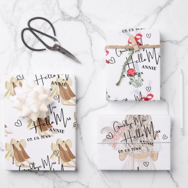 Personalized Goodbye Miss Hello Mrs Bridal Shower Wrapping Paper Sheet (Front)