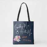 Personalized Goodbye Miss Hello Mrs Tote Bag<br><div class="desc">Personalized Goodbye Miss Hello Mrs. Blue tote bag. The design has a blue background with the quote "GOODBYE MISS HELLO MRS" and space to add the bride's name in white. It can be customized by changing the Bride's name. For further customization, feel free to message me through my Zazzle store....</div>