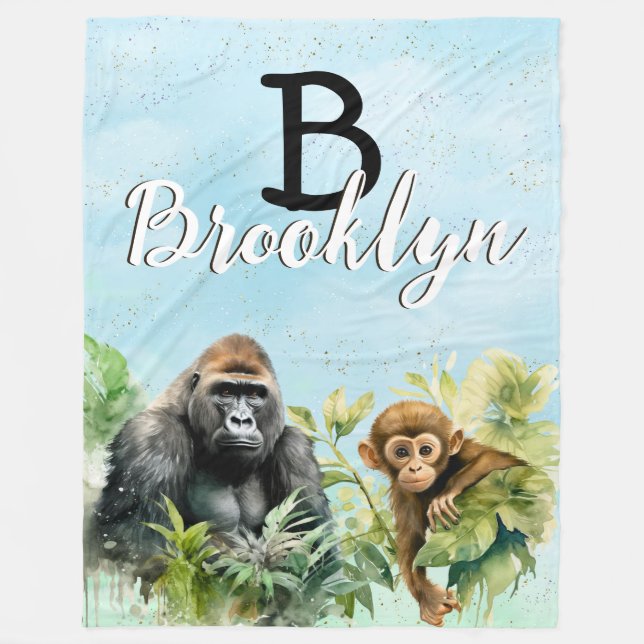 Personalized Gorilla Chimpanzee Jungle Monogram Fleece Blanket (Front)