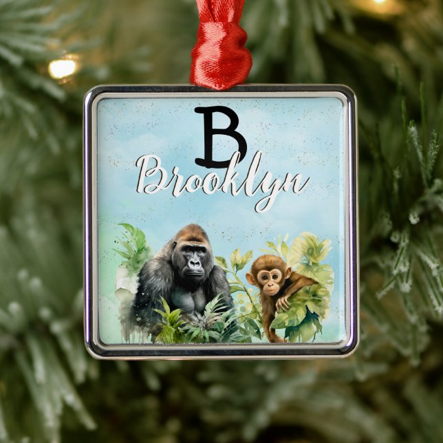 Personalized Gorilla Chimpanzee Jungle Monogram Metal Ornament (Tree)