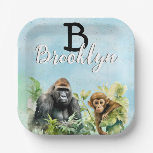 Personalized Gorilla Chimpanzee Jungle Monogram Paper Plate