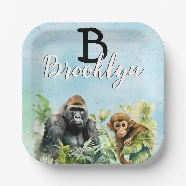 Personalized Gorilla Chimpanzee Jungle Monogram Paper Plate (Front)