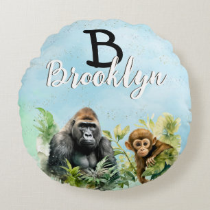 Personalized Gorilla Chimpanzee Jungle Monogram Round Pillow