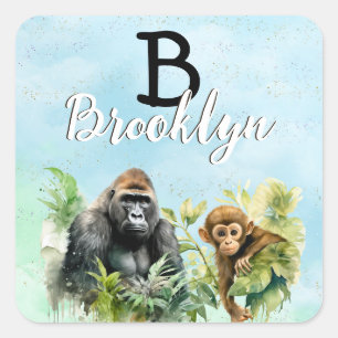 Personalized Gorilla Chimpanzee Jungle Monogram Square Sticker