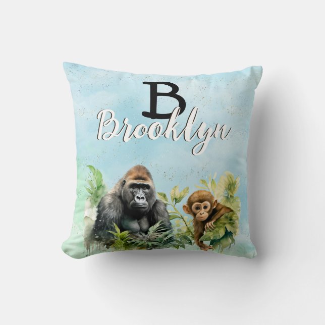 Personalized Gorilla Chimpanzee Jungle Monogram Throw Pillow (Front)