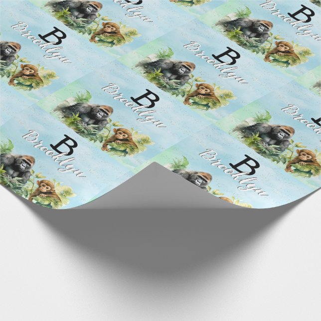 Personalized Gorilla Chimpanzee Jungle Monogram Wrapping Paper (Corner)