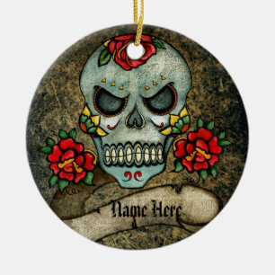 Personalized Goth Biker Sugar Art Skull Grungy Ceramic Ornament
