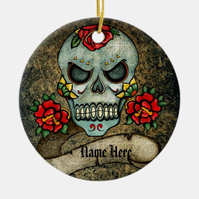 Personalized Goth Biker Sugar Art Skull Grungy Ceramic Ornament (Front)