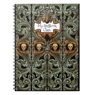 Personalized Goth Green Ornament & Skull Spellbook Notebook
