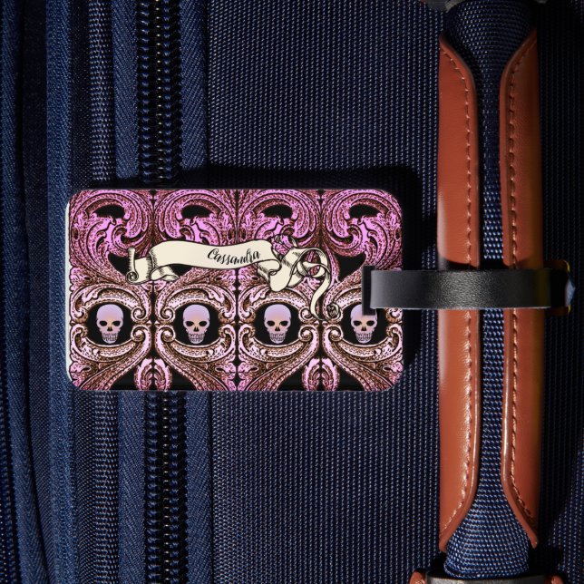Personalized Goth Pink Ornament & Sk Luggage Tag (Back Insitu 2)