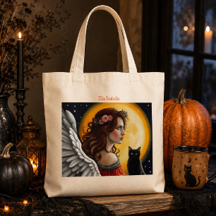 Personalized Gothic Angel Black Cat Full Moon Hall Tote Bag