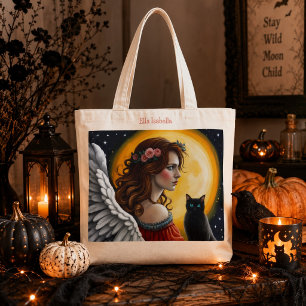 Personalized Gothic Angel Black Cat Full Moon Tote Bag