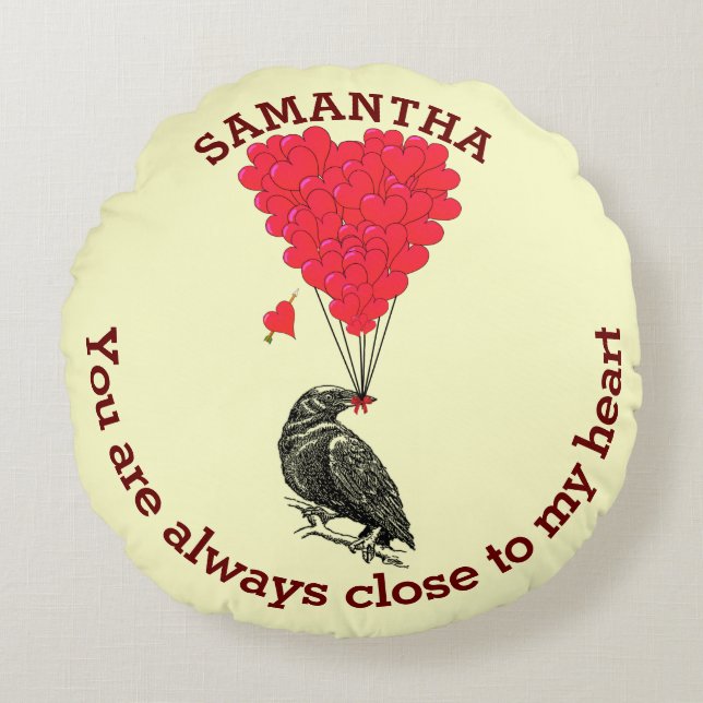Personalized gothic crow and red valentines heart round pillow (Front)
