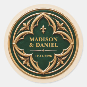 Personalized Gothic Emerald Green Wedding Classic Round Sticker
