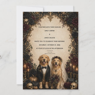 Personalized Gothic Golden Retriever Halloween Wed Invitation