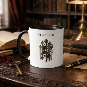 Personalized Gothic Keys Burgundy Roses Two Tone Mug