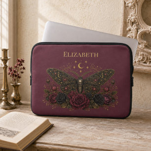 Personalized Gothic Moth Burgundy Roses Laptop Sleeve
