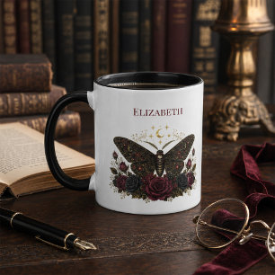 Personalized Gothic Moth Burgundy Roses Two Tone Mug