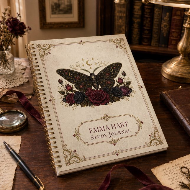 Personalized Gothic Moth Roses Dark Academia  Notebook (Personalized Gothic Moth Roses Dark Academia Notebook)