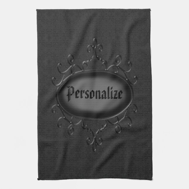 Personalized Gothic Ornament Black Kitchen Towel (Vertical)
