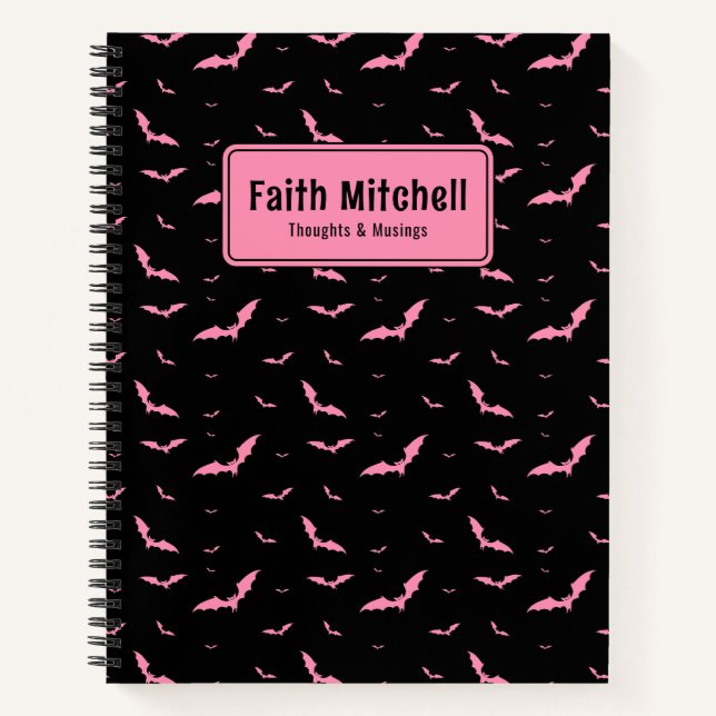 Personalized Gothic Pink Black Bat Pattern Spiral Notebook (Front)