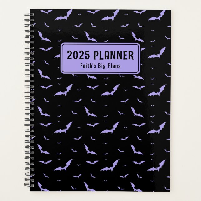 Personalized Gothic Purple & Black Bat Pattern Planner (Front)