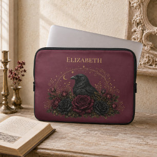 Personalized Gothic Raven Burgundy Roses Laptop Sleeve
