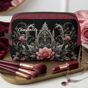 Personalized Gothic Roses Floral Travel Makeup Bag