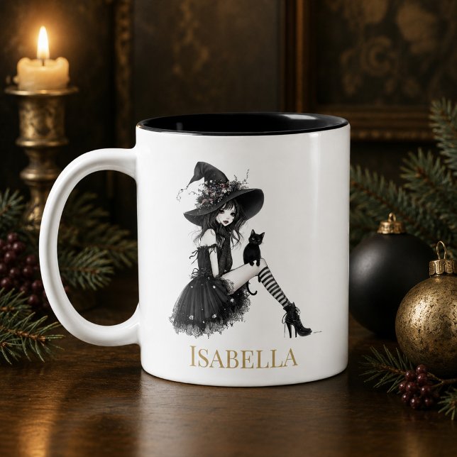 Personalized Gothic Witch – Custom Name Witchy Two-Tone Coffee Mug (Personalized Gothic Witch – Custom Name Witchy Two-Tone Coffee Mug)