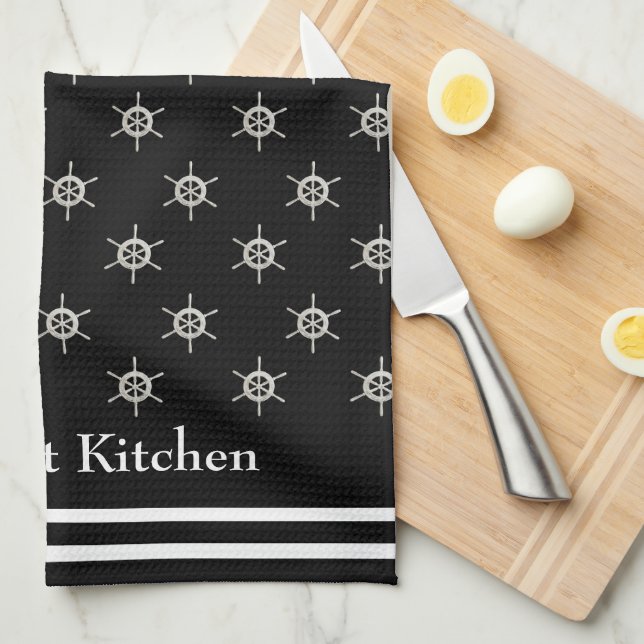 Personalized Gourmet Kitchen B&W Boat Helm  Towel (Quarter Fold)