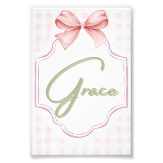 Personalized Grace Baby Girl Nursery Bow&Gingham Photo Print
