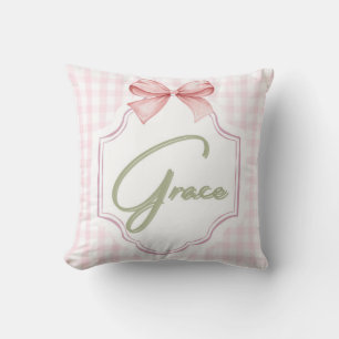 Personalized Grace Baby Girl Nursery Bow&Gingham Throw Pillow
