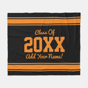 PERSONALIZED Grad Year Stripes Orange Black Fleece Blanket