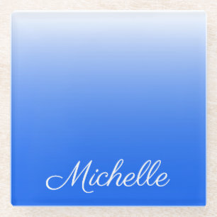 Personalized gradient ombre electric blue glass coaster