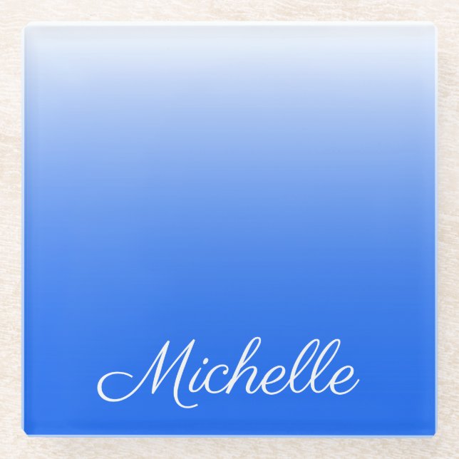 Personalized gradient ombre electric blue glass coaster (Front)