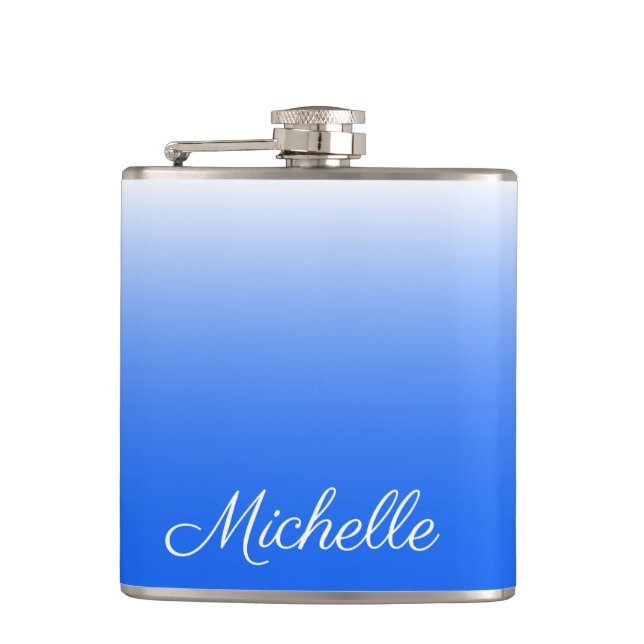 Personalized gradient ombre electric blue hip flask (Front)