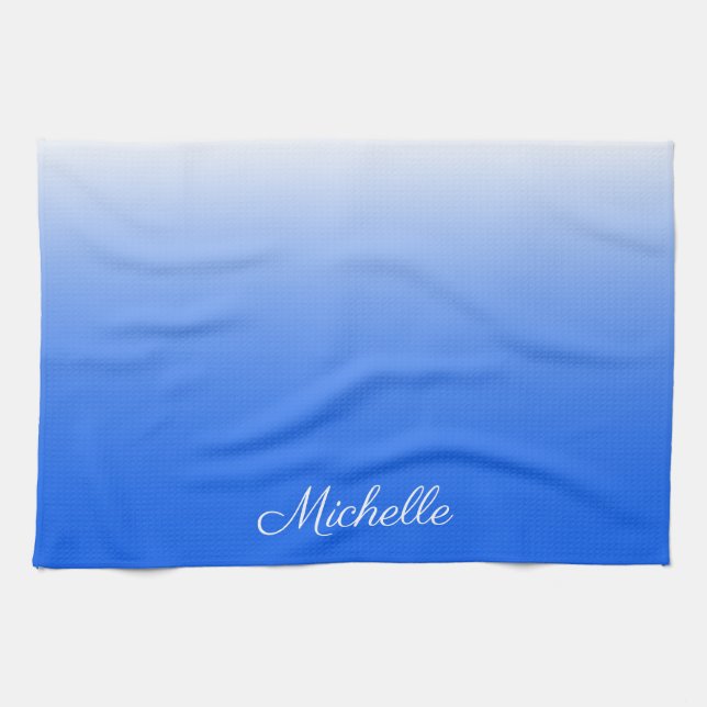 Personalized gradient ombre electric blue kitchen towel (Horizontal)