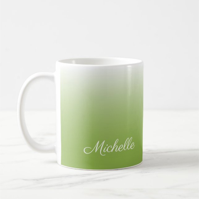 Personalized gradient ombre greenery green coffee mug (Left)