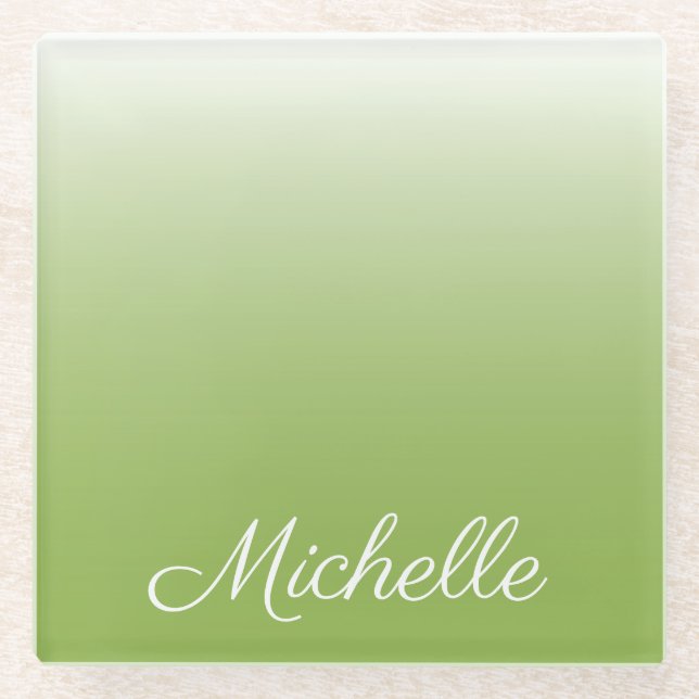 Personalized gradient ombre greenery green glass coaster (Front)
