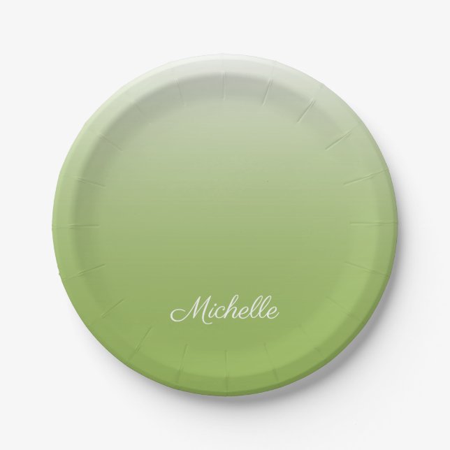 Personalized gradient ombre greenery green paper plate (Front)