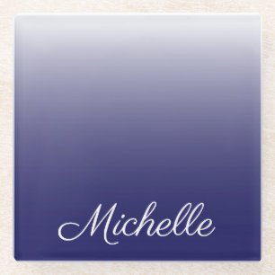 Personalized gradient ombre navy blue glass coaster