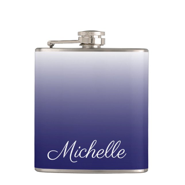 Personalized gradient ombre navy blue hip flask (Front)