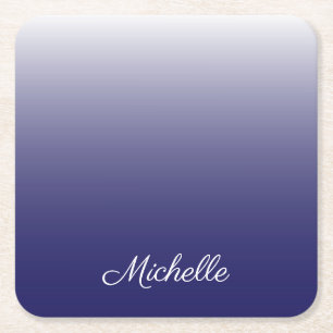 Personalized gradient ombre navy blue square paper coaster