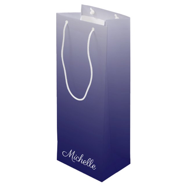 Personalized gradient ombre navy blue wine gift bag (Back Angled)